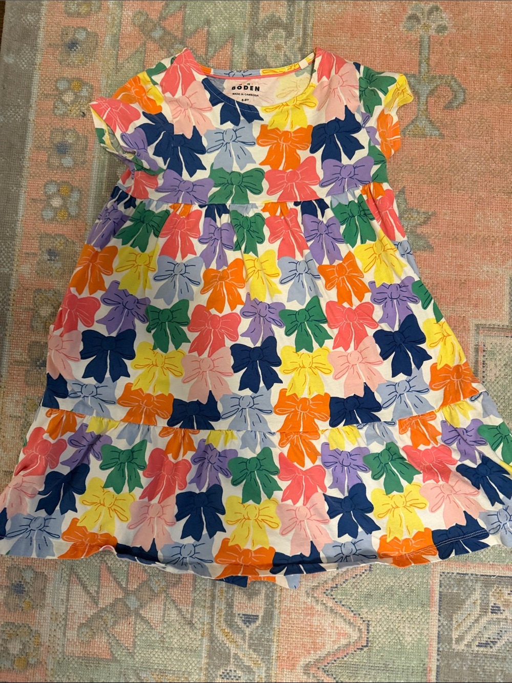 Mini Boden Multicolor Bow-Print Dress - White Base (8-9)